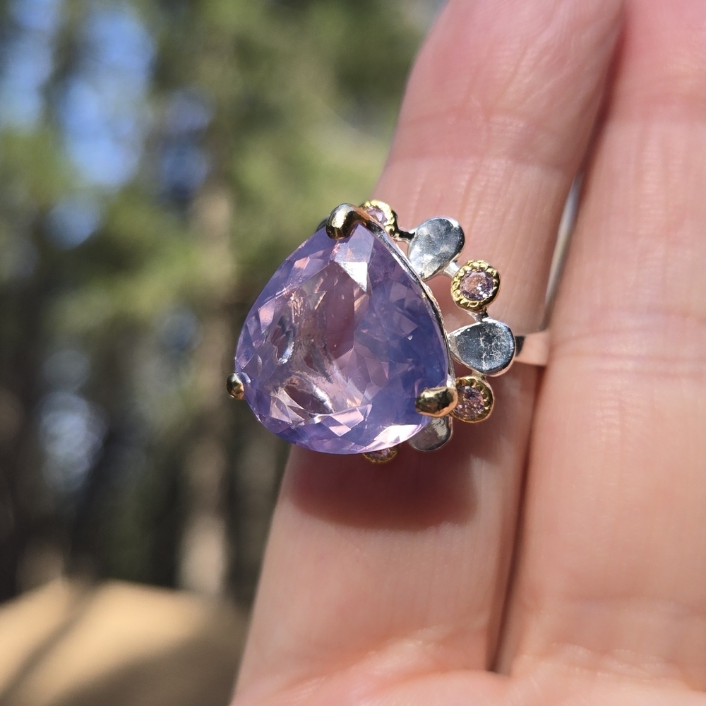 Lavender RARE Natural 16k quartz Sterling & Gold Ring Sz7 - Picture 7 of 14